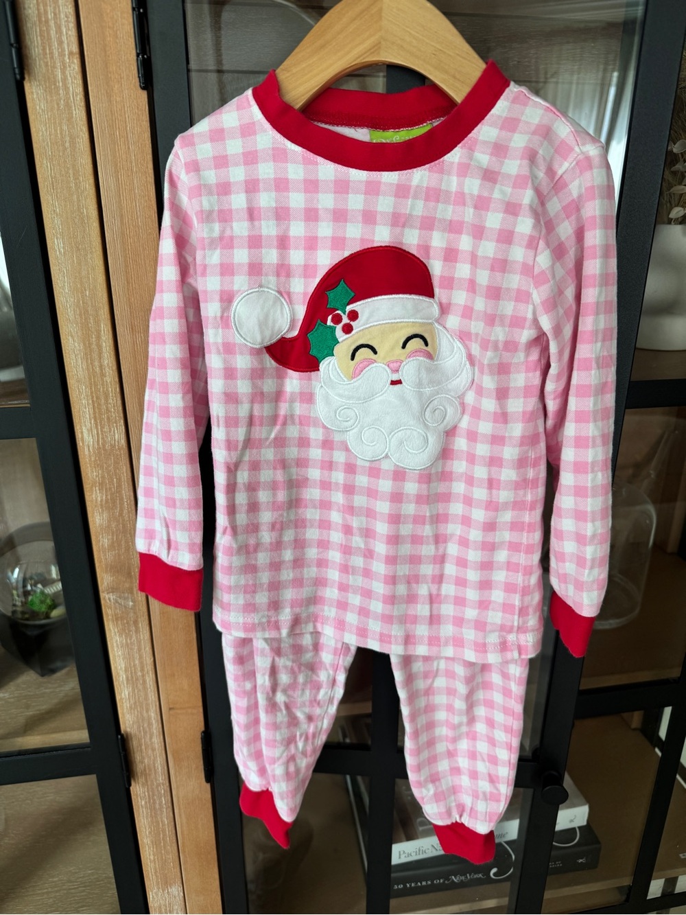 Classic Whimsy santa applique gingham pajamas set longsleeve tee pants christmas